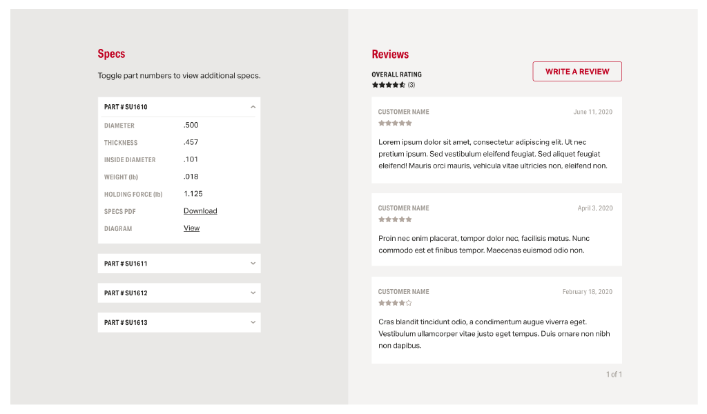 Single product specs and reviews component.