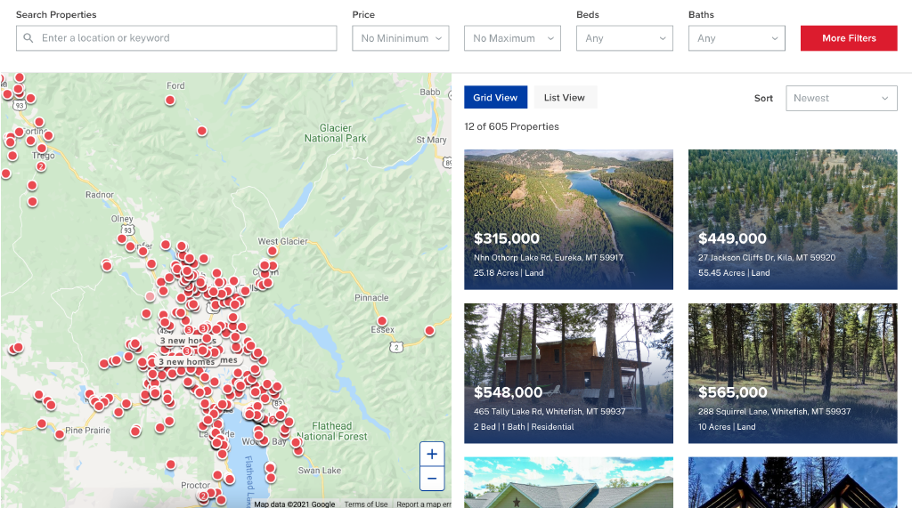 Search properties in grid view or with map interaction.